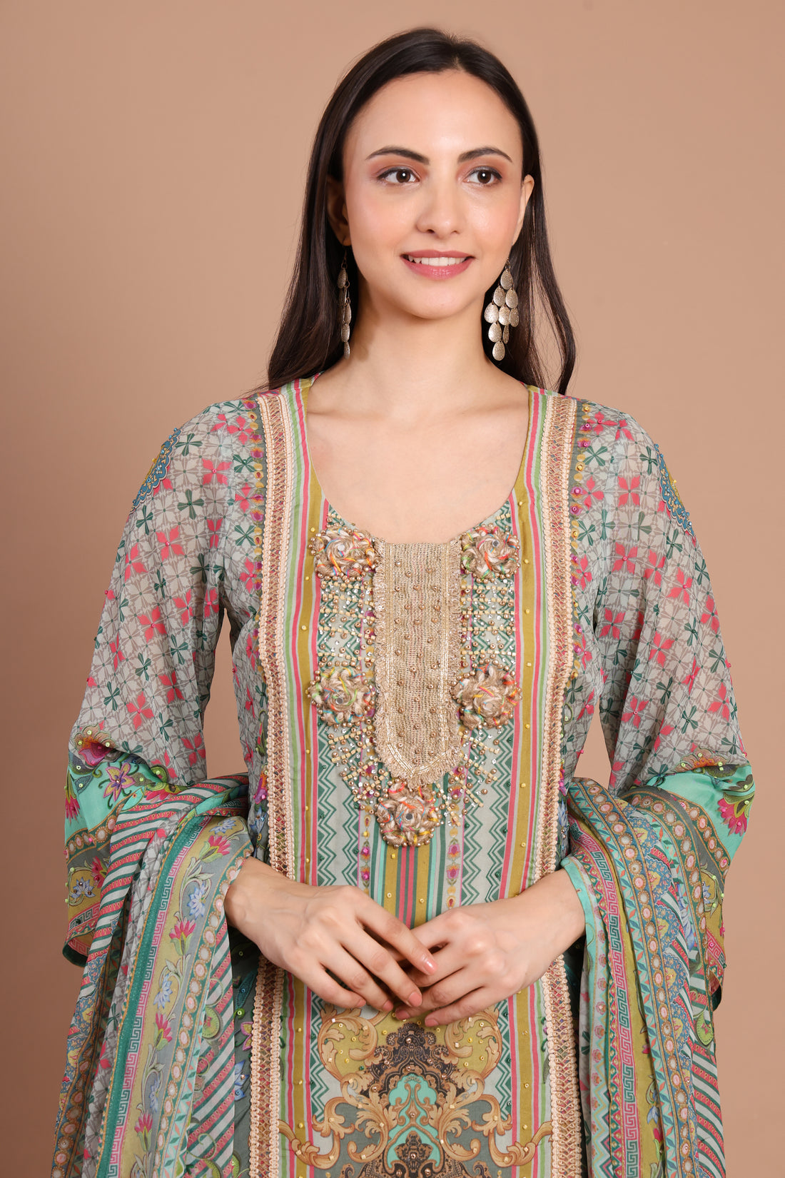 Pakistani Multi-Coloured Digital Print Unstitched Suit with Bead Highlights