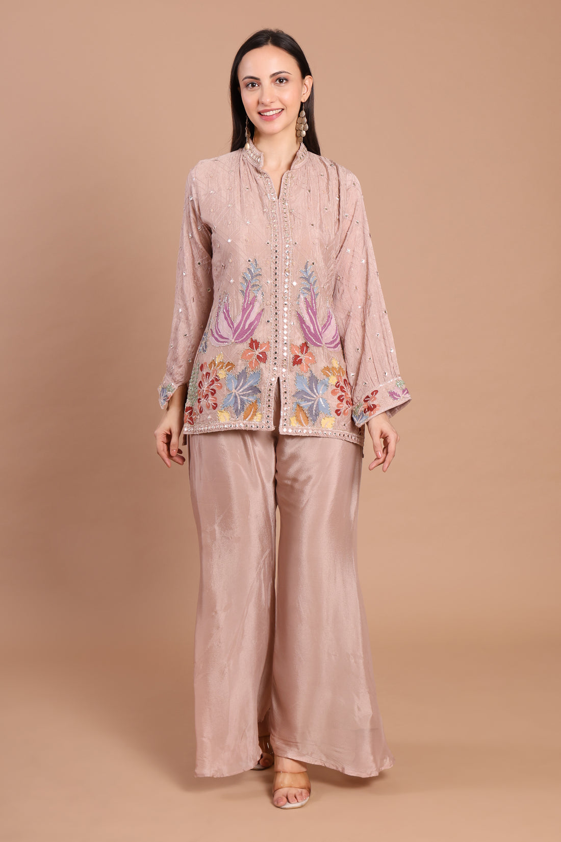 Rose Gold Chinnon Handwork Co-ord Set – Formal Party Wear Elegance