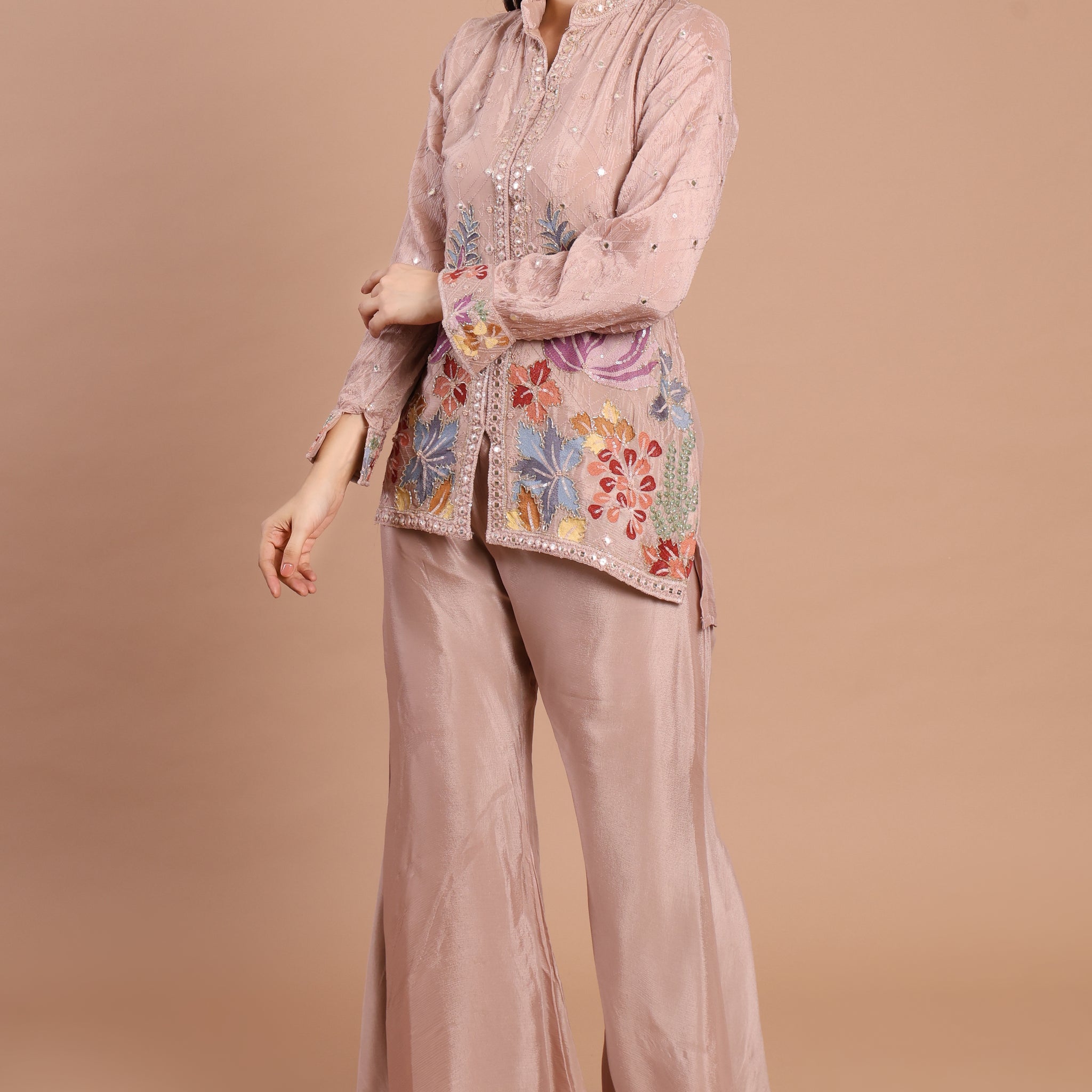 Rose Gold Chinnon Handwork Co-ord Set – Formal Party Wear Elegance