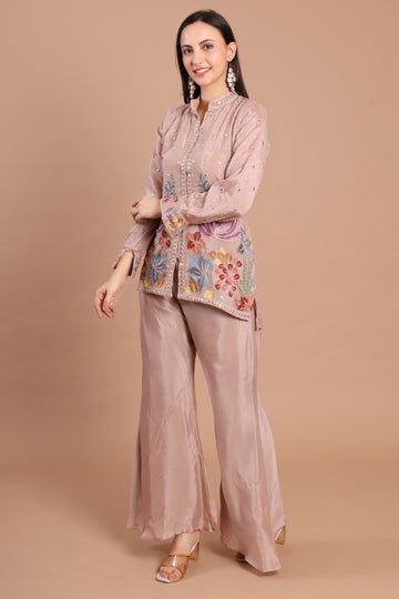 Rose Gold Chinnon Handwork Co-ord Set – Formal Party Wear Elegance