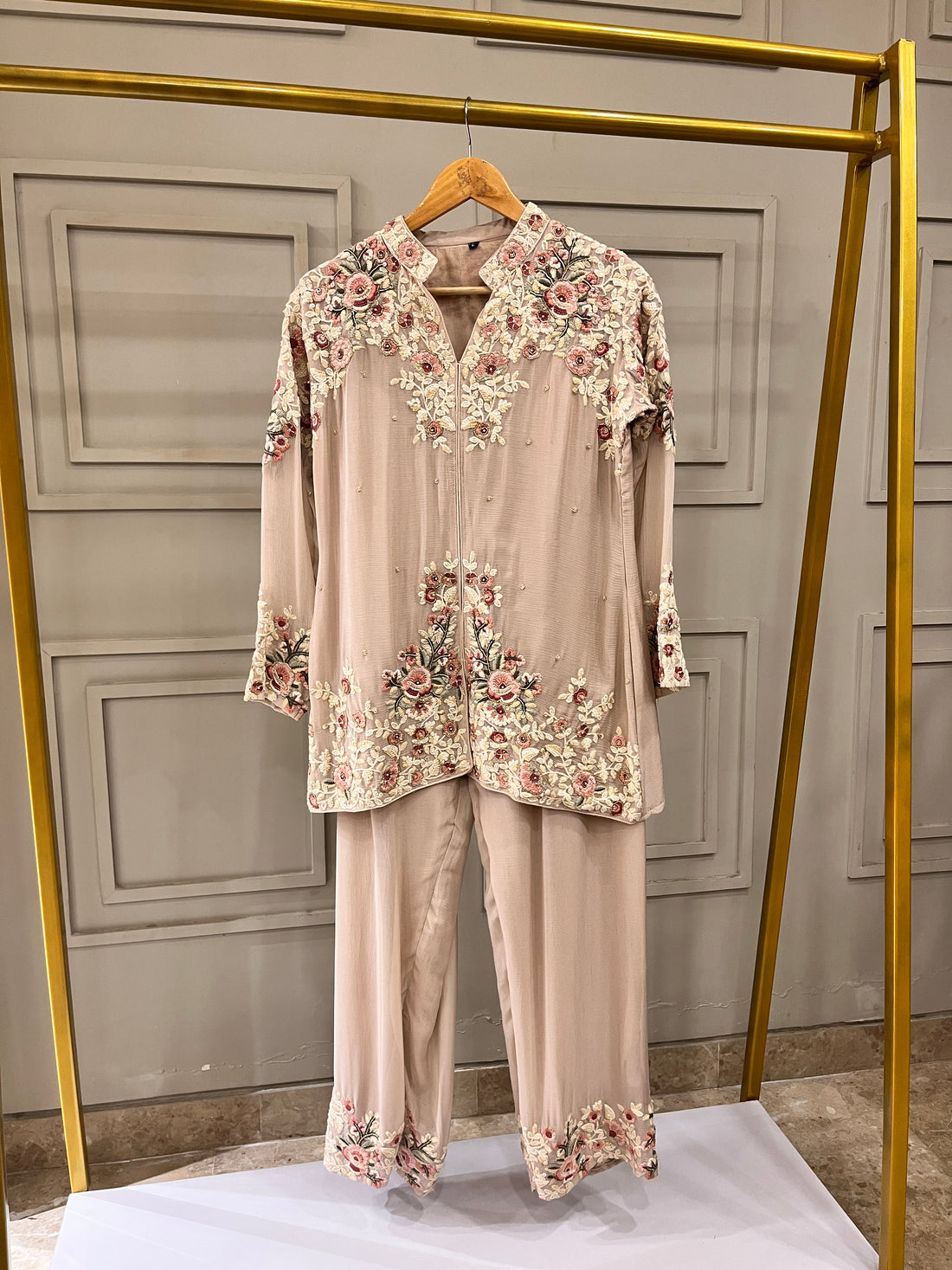 Pastel Pink Hand-Embroidered Formal Co-ord Set – Partywear Elegance