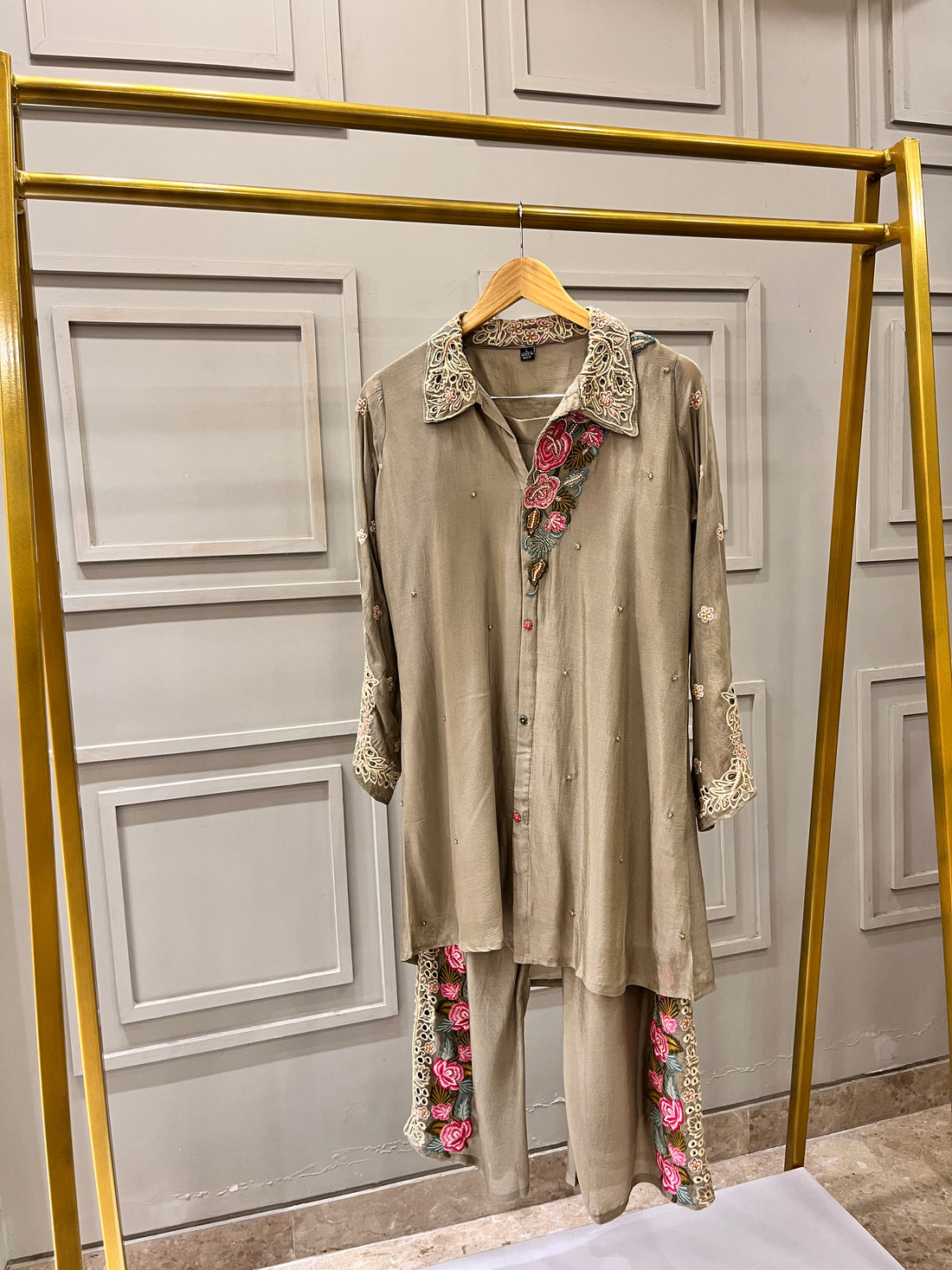 Beige Golden Pure Chinnon Co-ord Set with Thread & Pearl Handwork