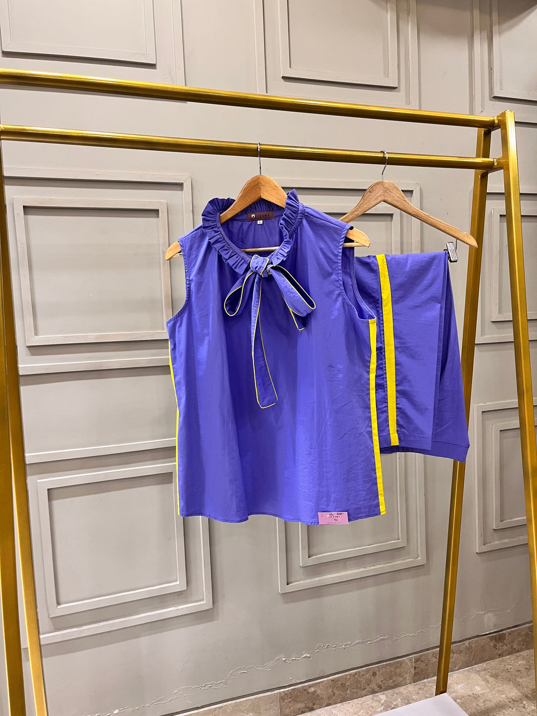 Pure Organic Cotton Bluish Purple Coord Set with Yellow Stripe