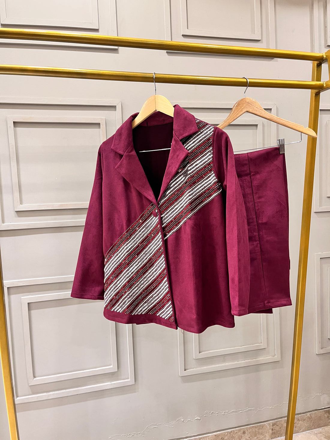 Maroon Suede Blazer & Pants Coord Set