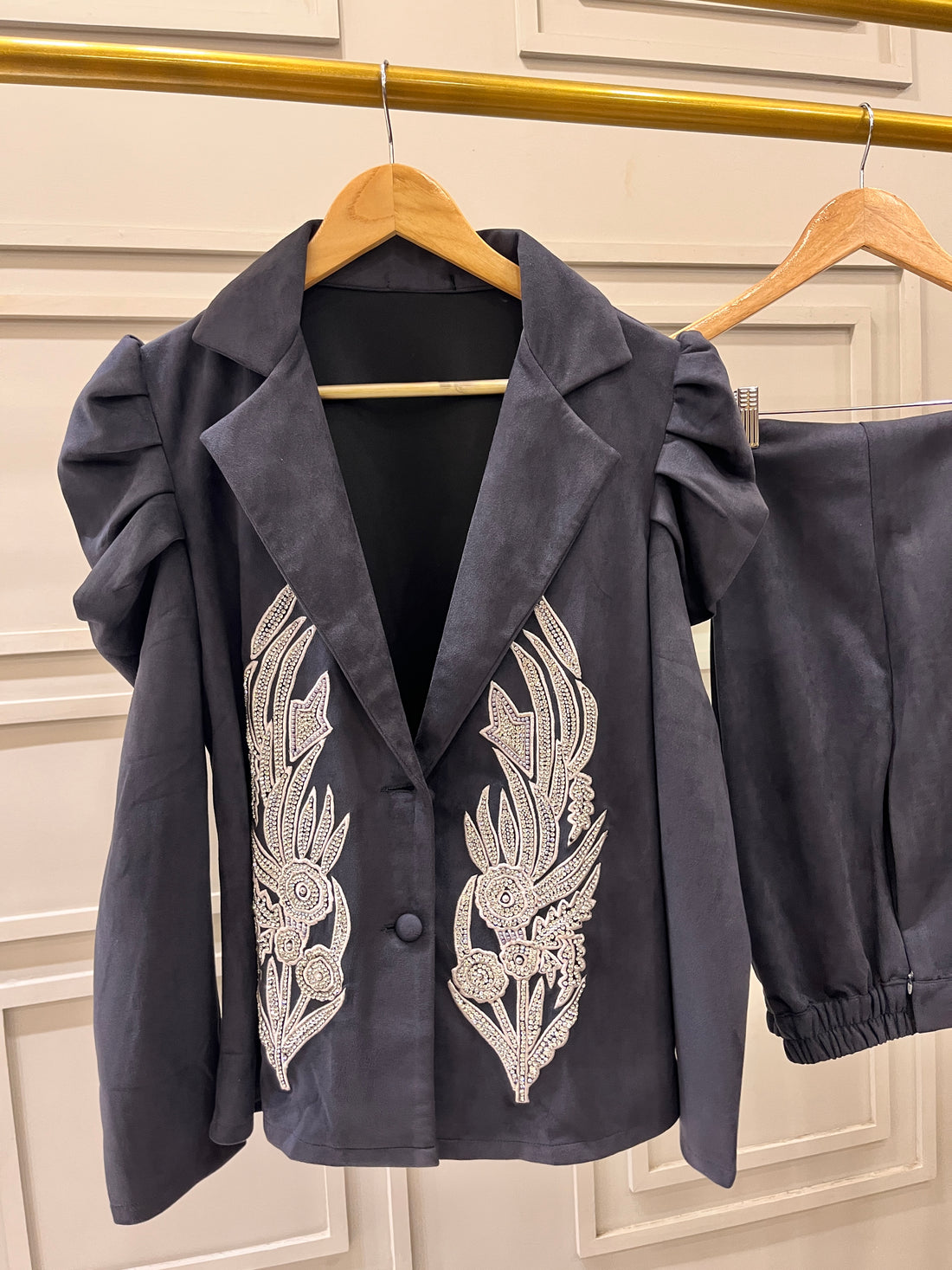 Dark Grey Suede Blazer & Pant Coord Set with Stone & Thread Work