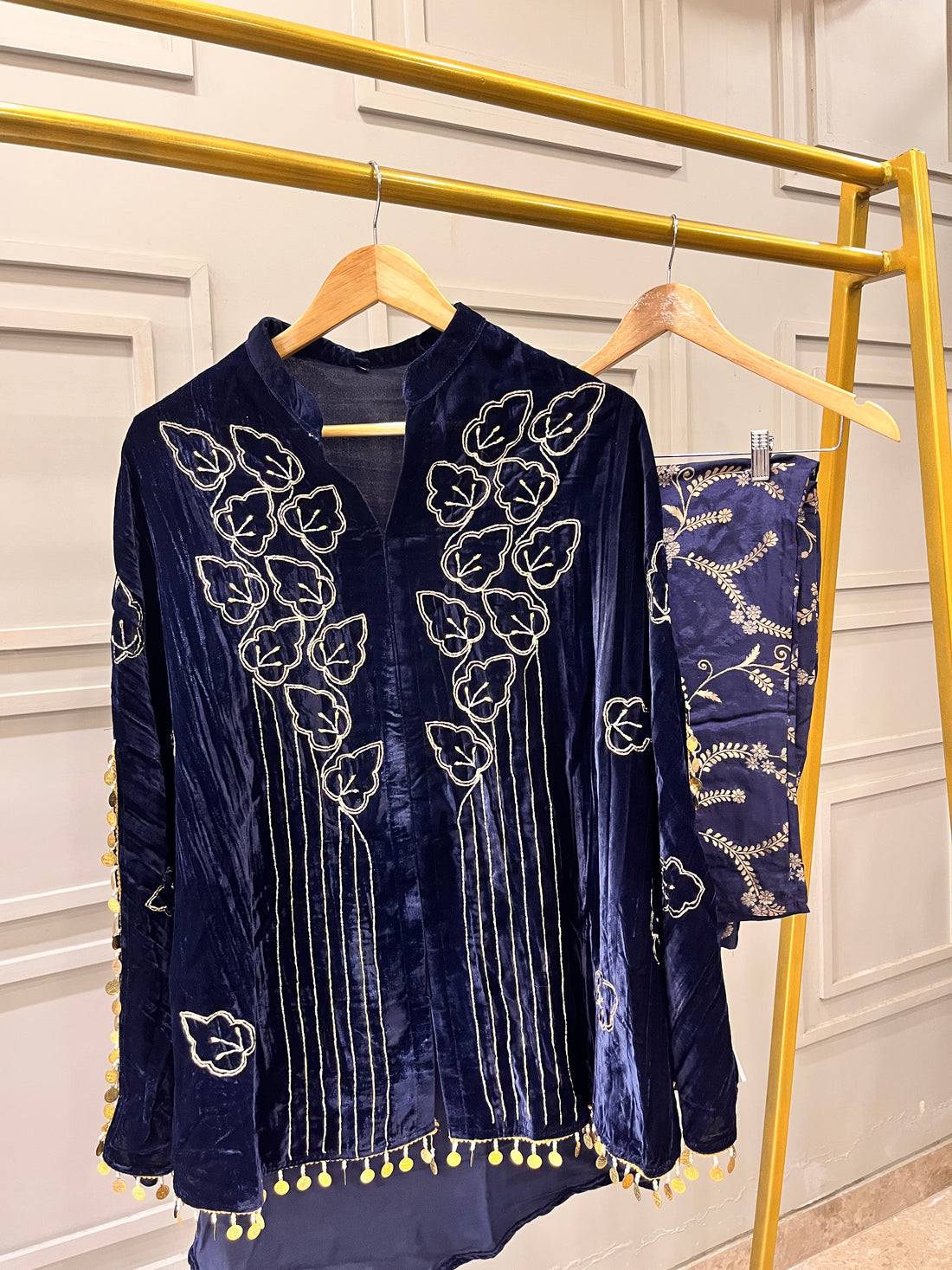 Navy Blue 3-Piece Velvet Coord Set with Handwork Cape