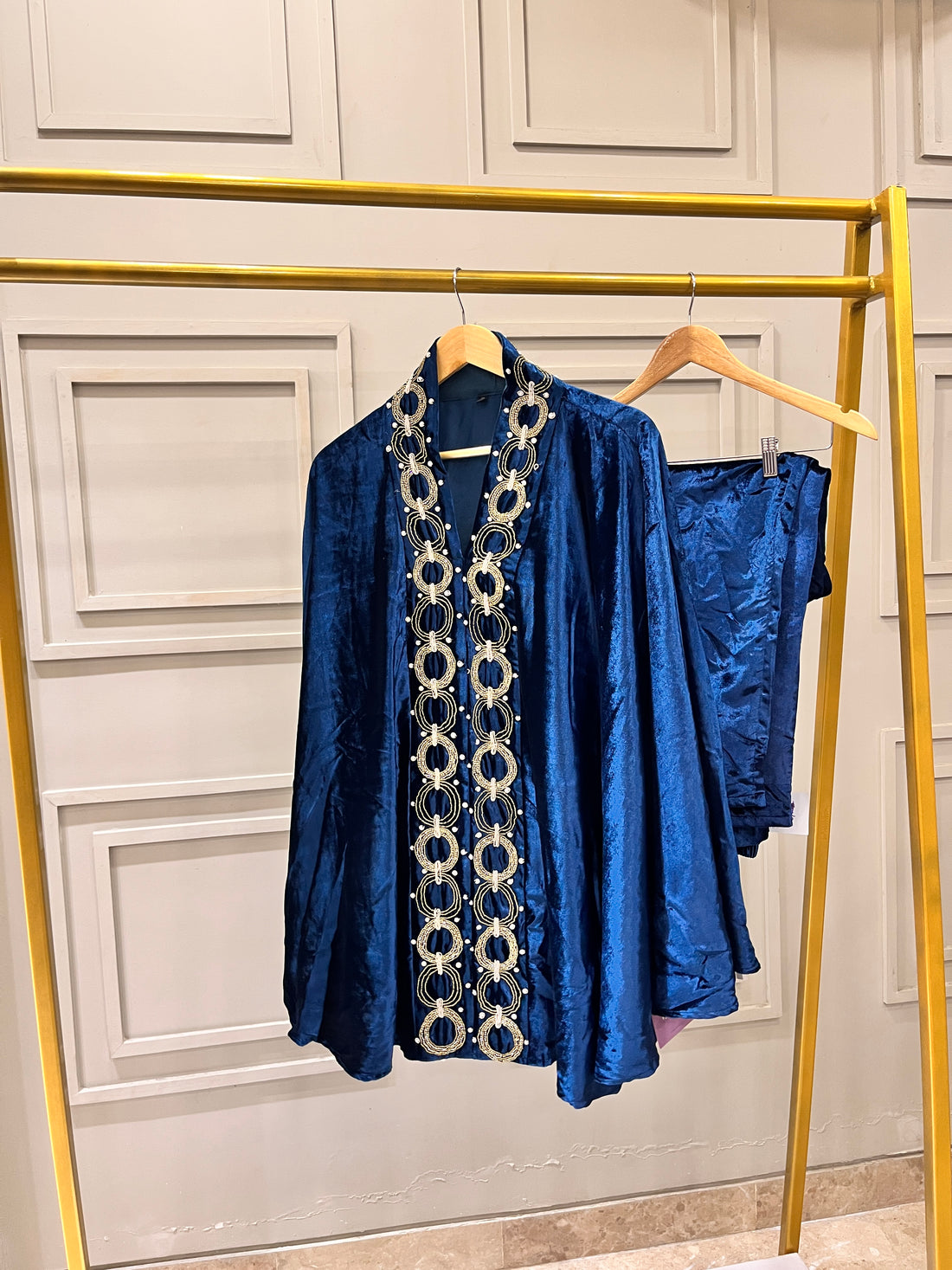 Teal Blue Velvet Coord Set with Handwork Cape