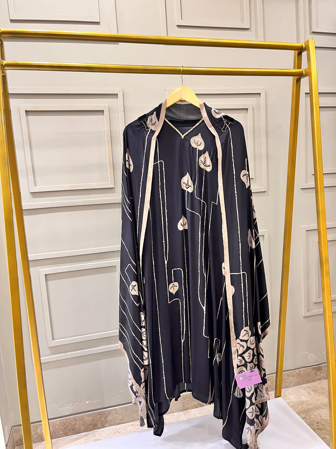 Black Pure Crepe Semi-Stitched Suit with Printed Dupatta