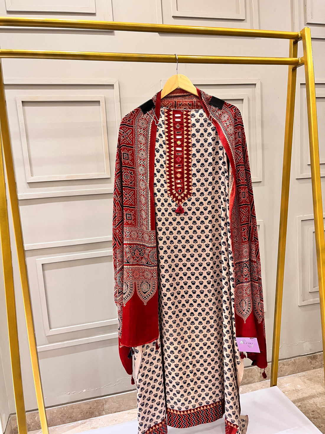 Red Crepe Silk Unstitched Suit with Ajrak Print Dupatta