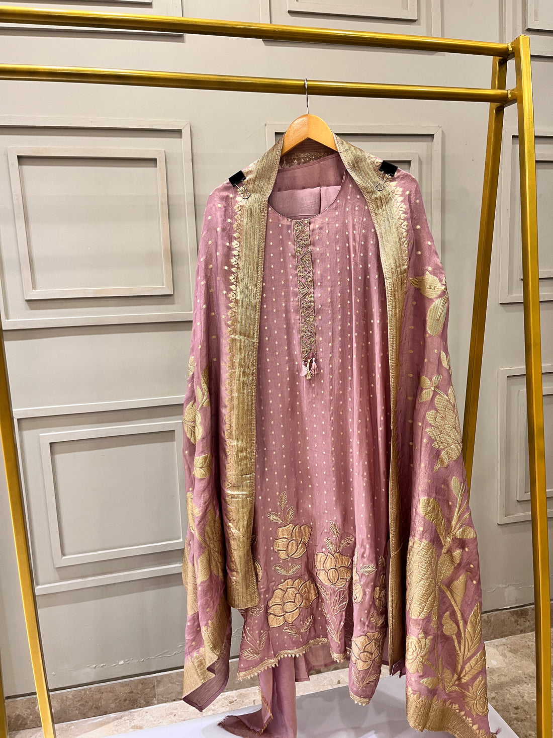 Onion Pink Shimmer Tissue Semi-Stitched Suit with Banarasi Dupatta