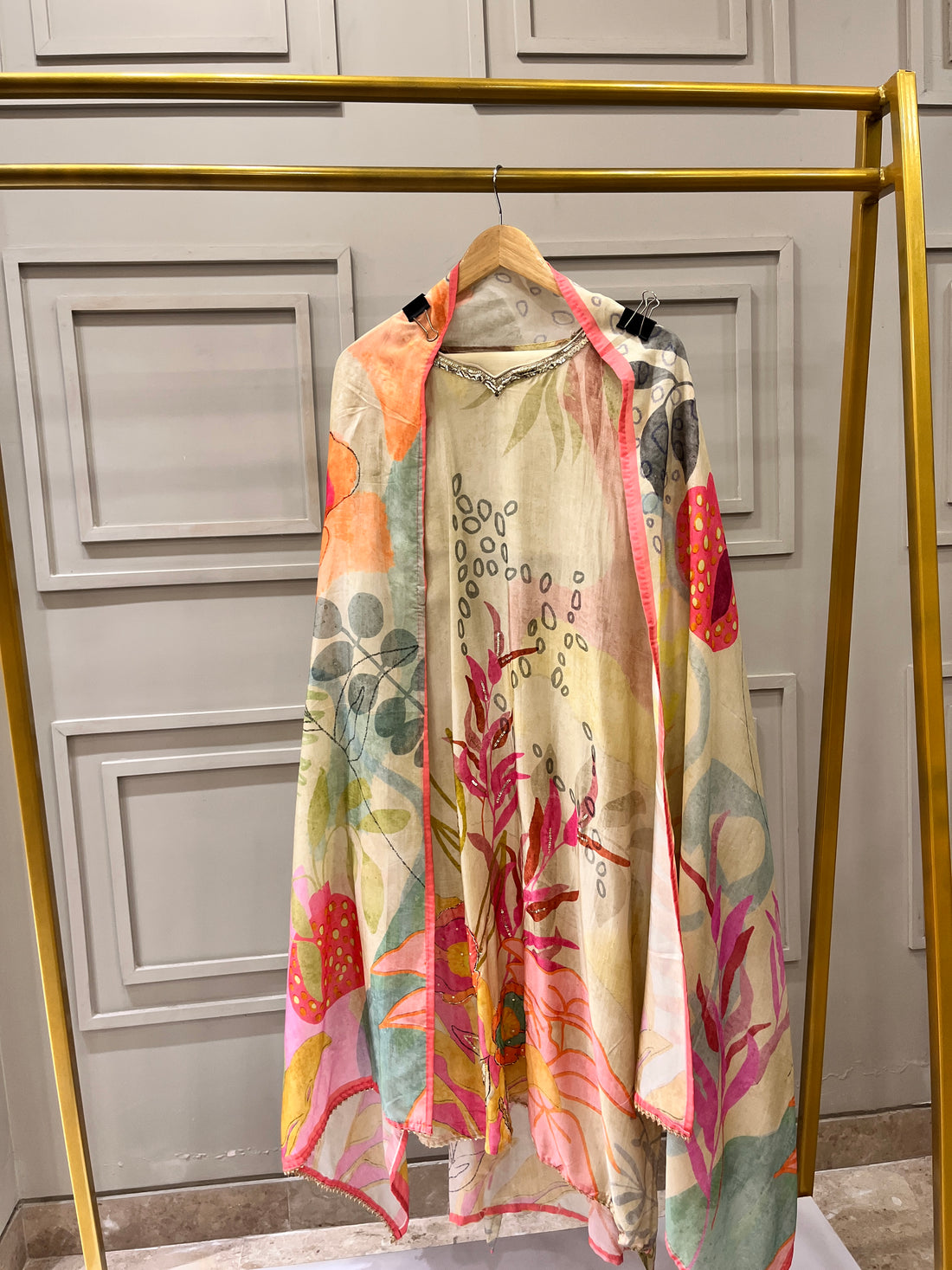 Pastel Yellow Multicolour Muslin Tissue Semi-Stitched Suit