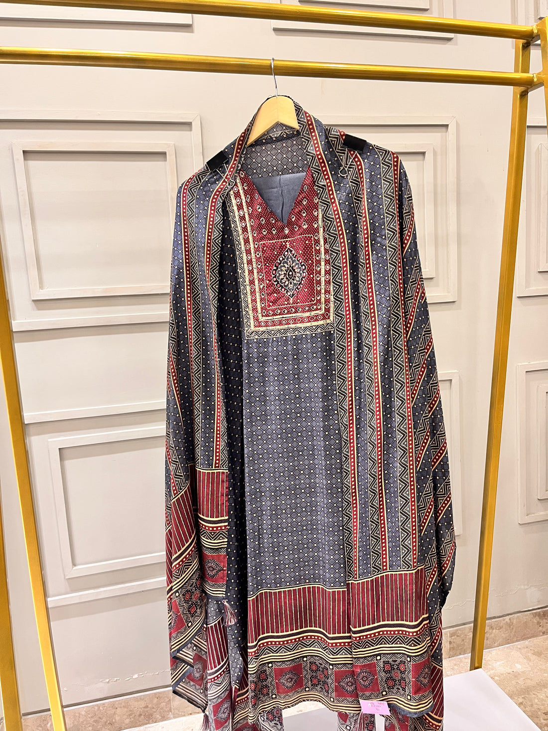 Bluish Grey Pure Crepe Semi-Stitched Suit with Printed Dupatta