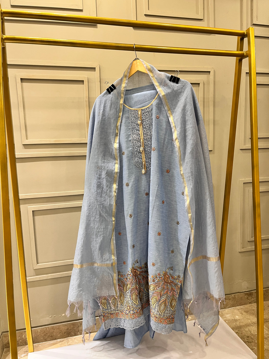 Powder Blue Pure Linen Semi-Stitched Suit with Hand Embroidery