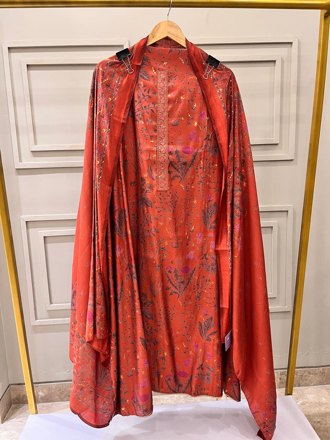 Rust Modal Cotton Unstitched Suit with Printed Dupatta