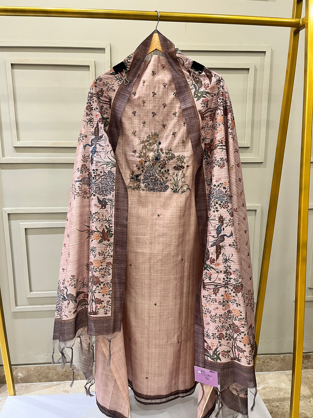 Onion Pink Pure Chanderi Unstitched Suit with Peacock Print