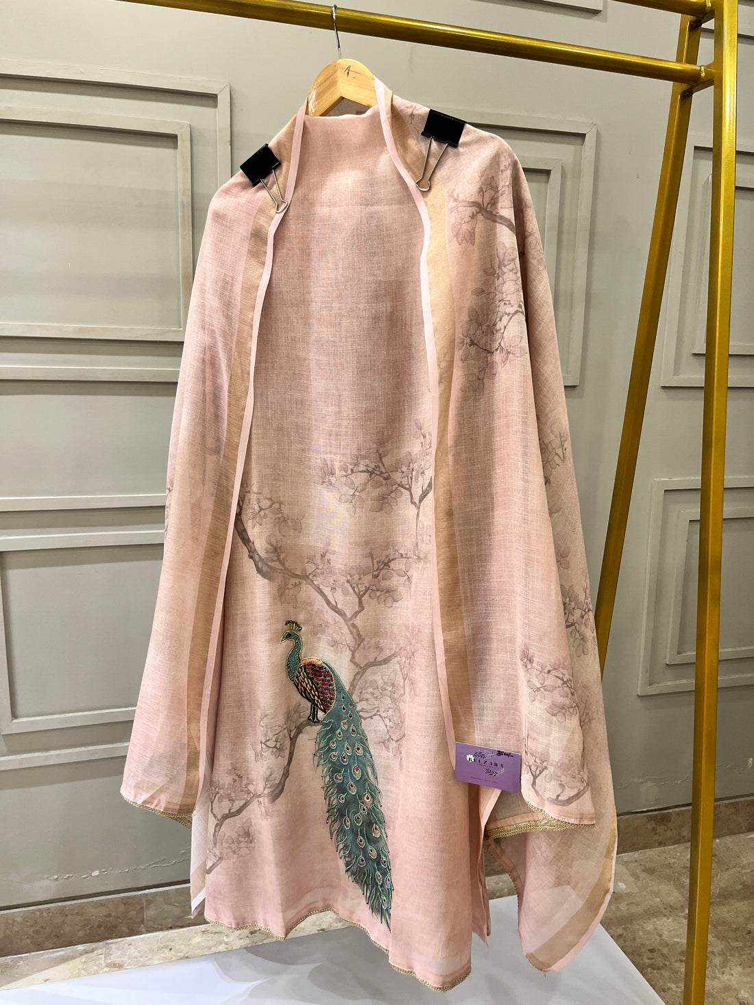 Onion Pink Pure Chanderi Unstitched Suit with Hand-Embellished Peacock Design