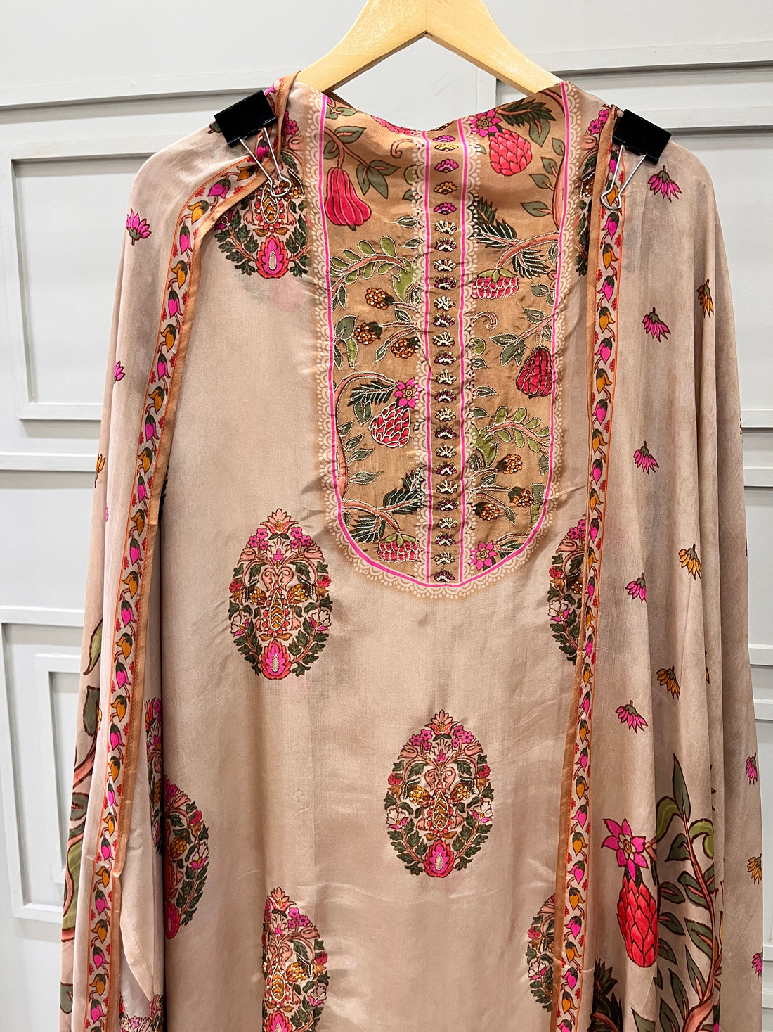 Beige Multicolour Pure Crepe Silk Unstitched Suit with Printed Dupatta