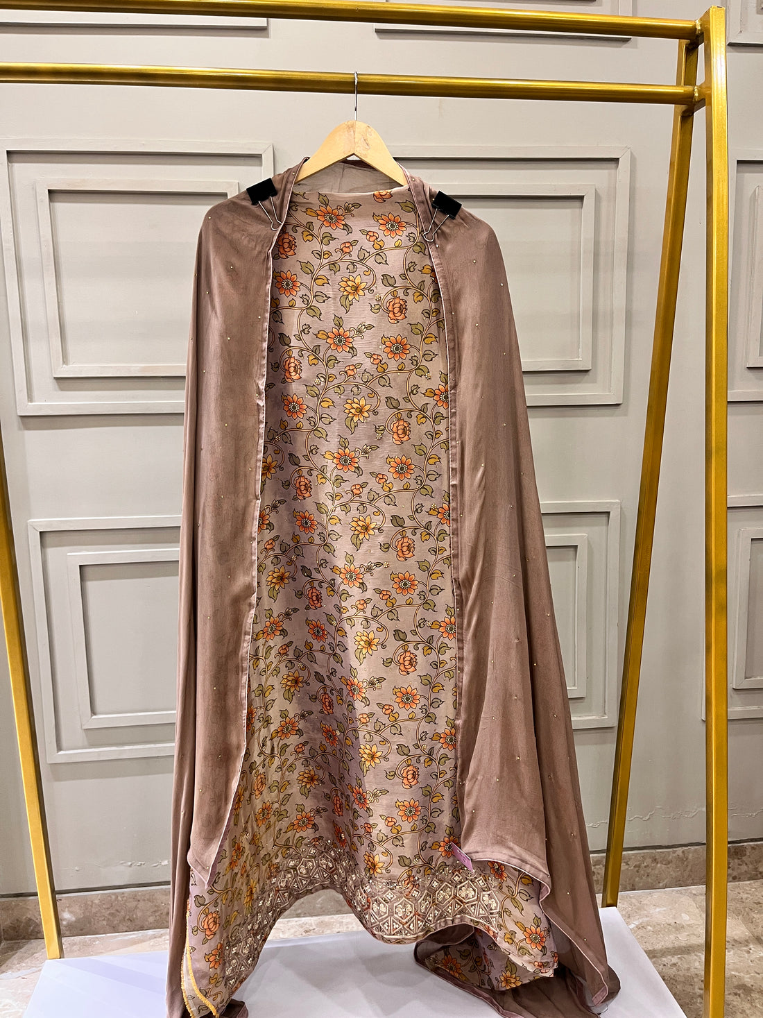 Rose Gold Shimmer Tissue Unstitched Formal Suit with Embroidered Border