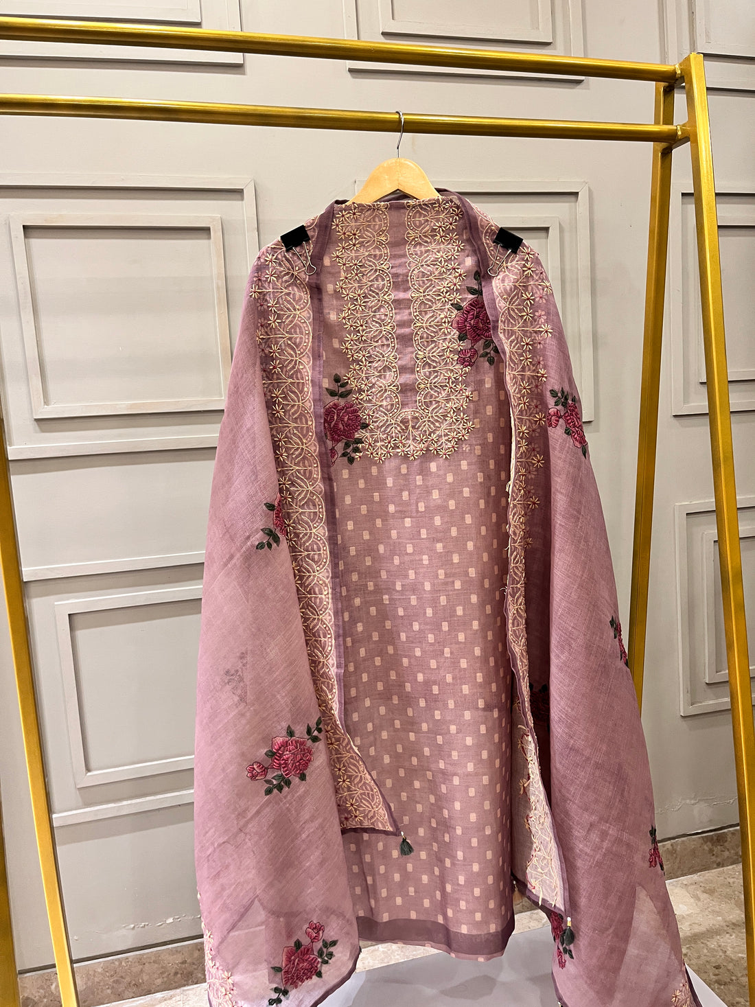 Onion Pink Pure Chanderi Unstitched Suit with Embroidered Yoke & Elegant Dupatta