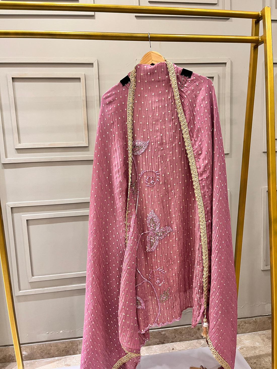 Onion Pink Pure Crushed Tissue Unstitched Formal Suit with Handwork & Lace Dupatta