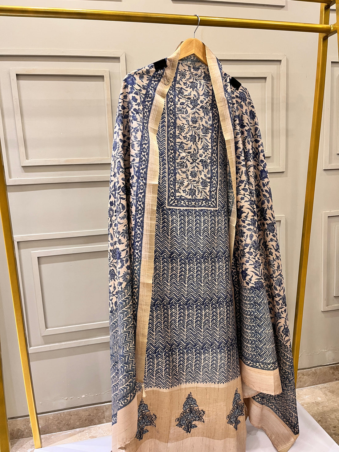 Blue & Fawn Pure Tussar Unstitched Formal Suit