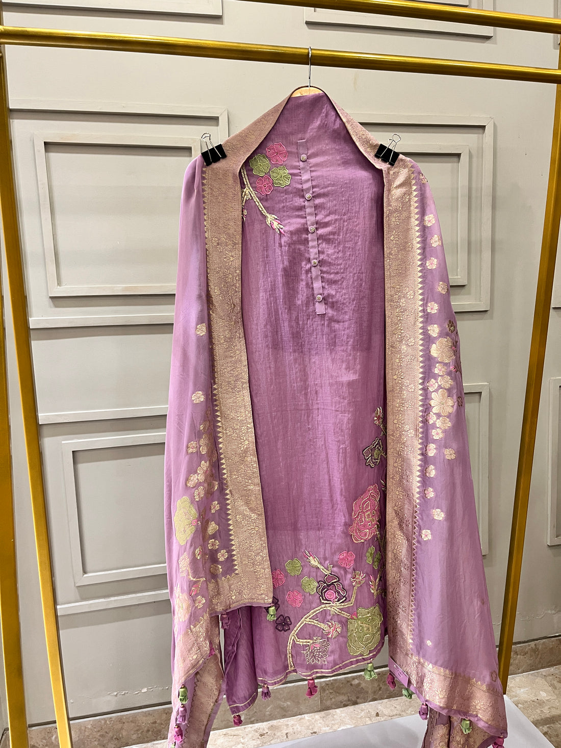 Mauve Pure Mul Unstitched Formal Suit with Banarasi Printed Dupatta