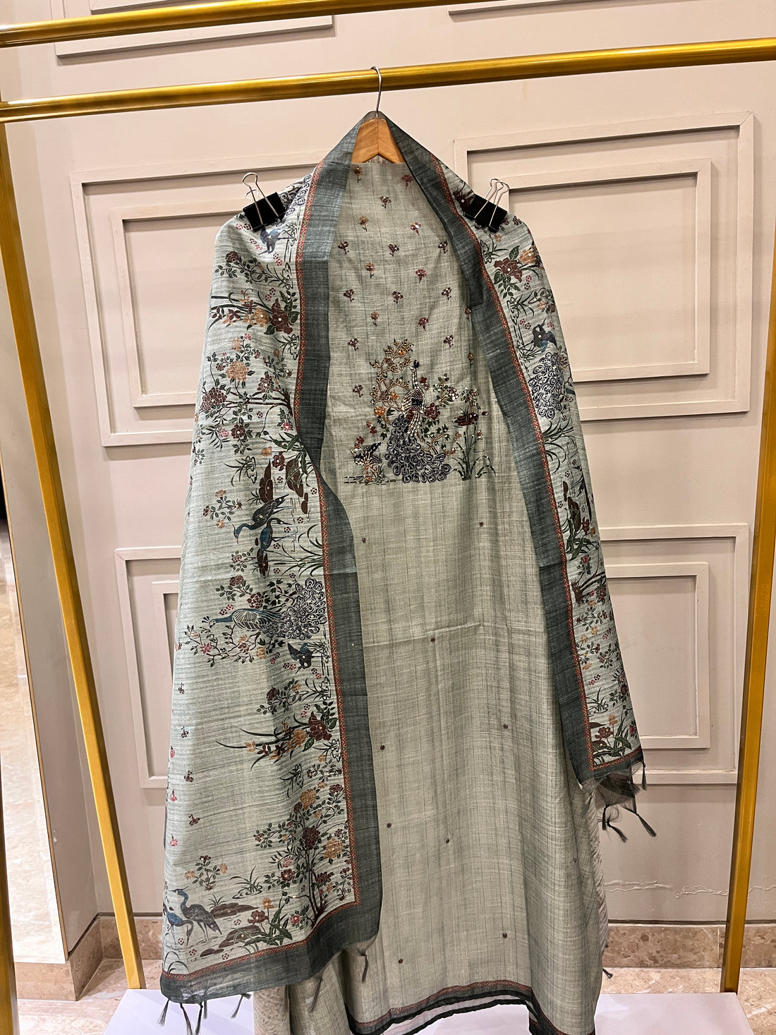 Pista Green Pure Chanderi Unstitched Suit with Peacock Motifs