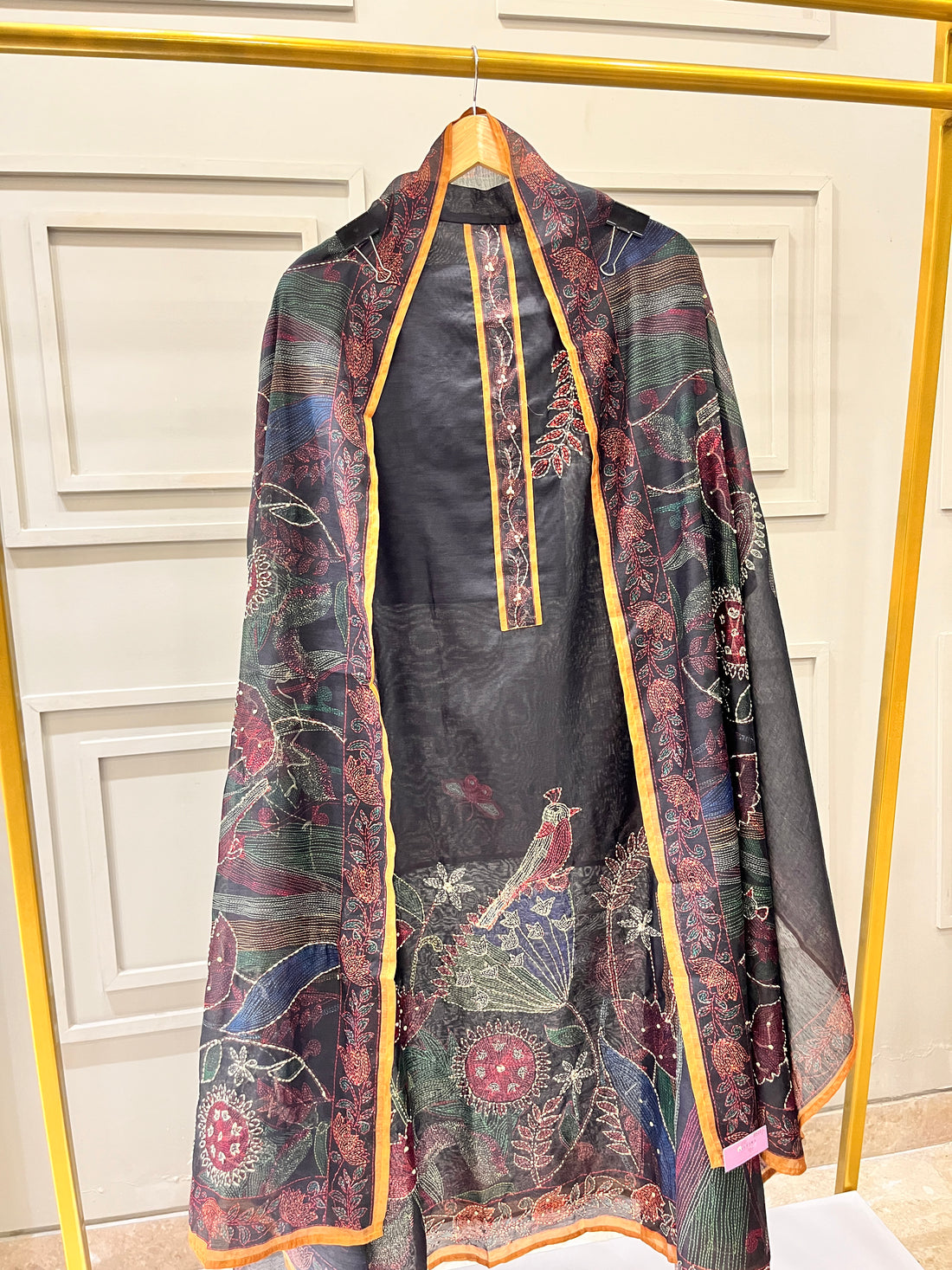 Black Pure Chanderi Unstitched Suit with Kantha Work