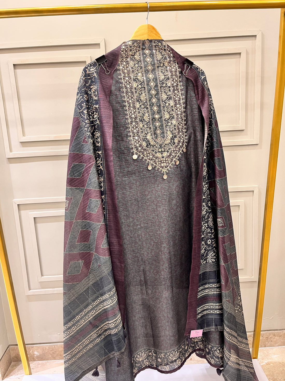 Violet Grey Pure Tussar Unstitched Suit with Handwork and Printed Dupatta