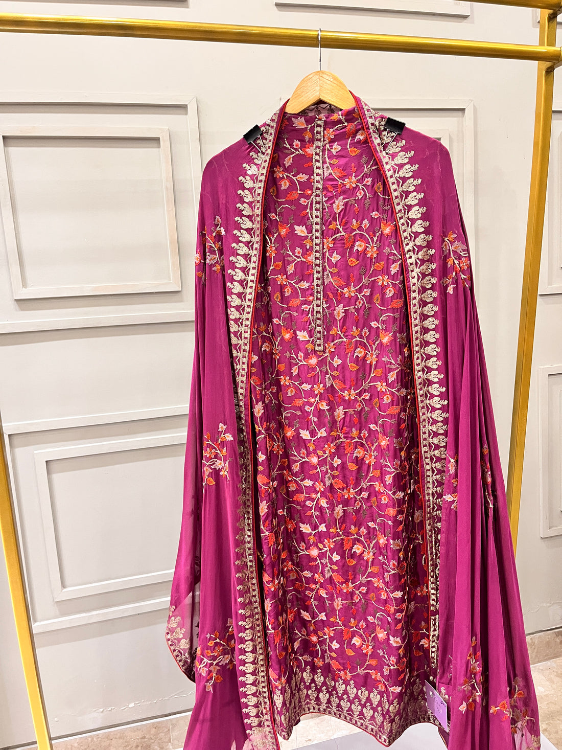 Maroon Crepe Silk Unstitched Suit with Thread Embroidery
