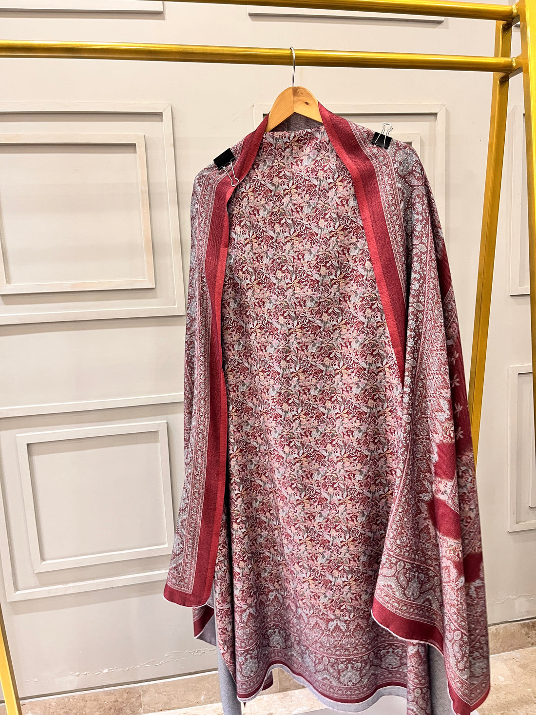 Maroon Woolen Unstitched Suit with Printed Shirt and Warm Dupatta