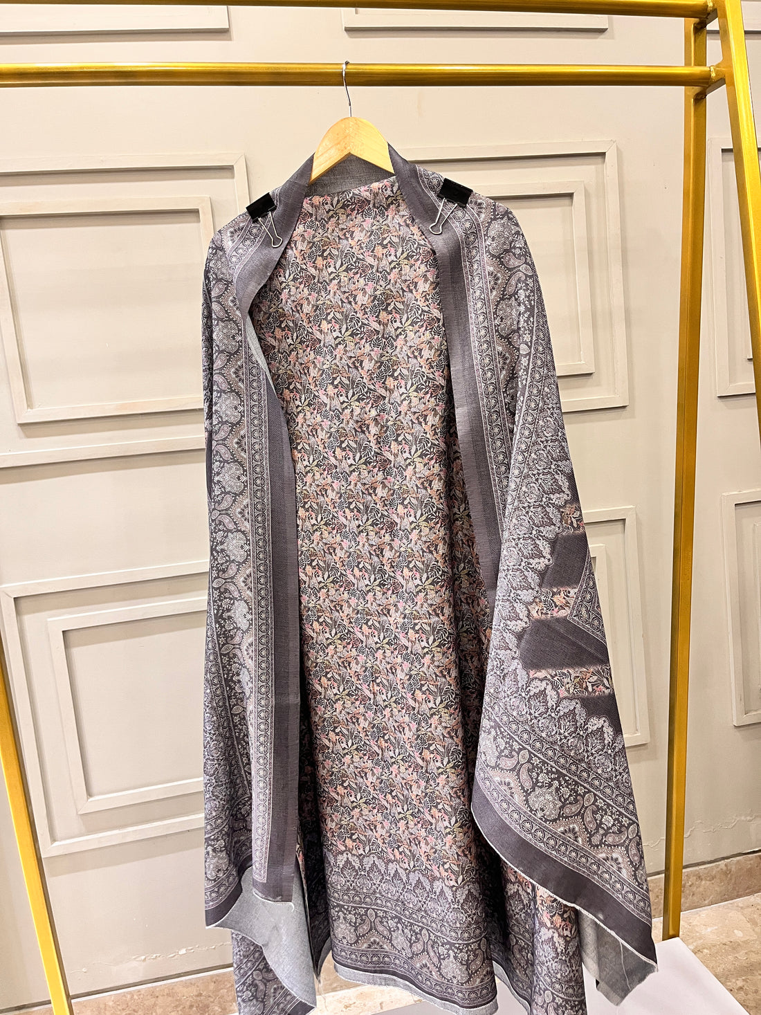 Grey Woolen Unstitched Suit with Printed Shirt and Warm Dupatta