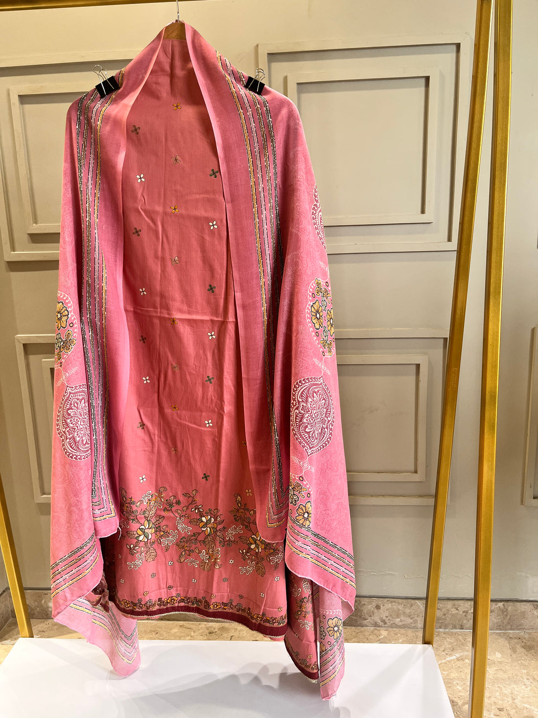 Carrot Pink Pure Cotton Unstitched Suit with Thread Work