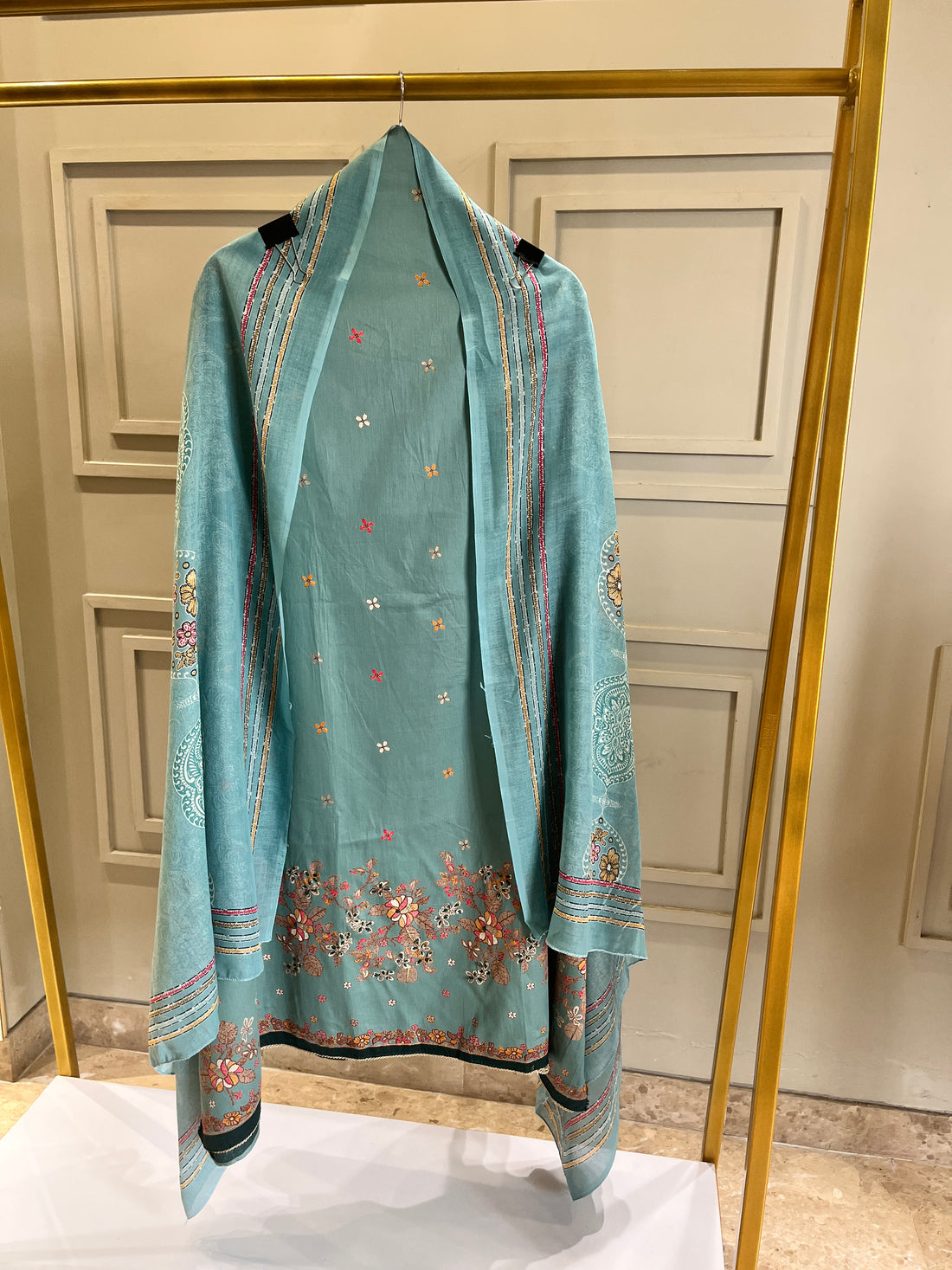 Blue Shade Pure Cotton Unstitched Suit with Thread Work