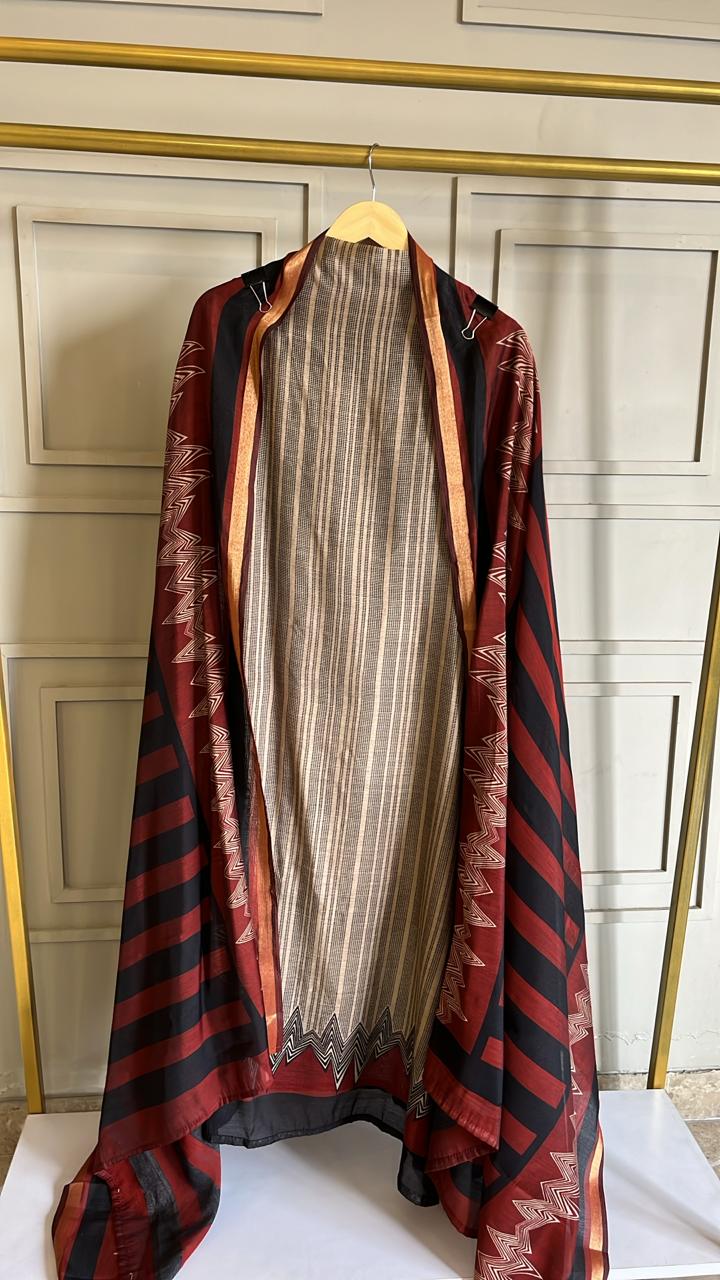 Beige, Black & Maroon Maheshwari Silk Unstitched Suit with Printed Details