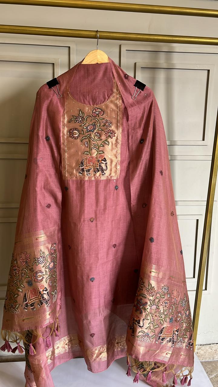 Onion Pink Jamdani Silk Unstitched Suit with Intricate Jamdani Work