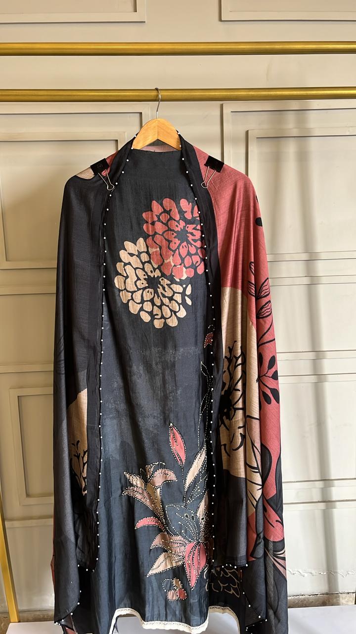 Printed Muslin Unstitched Suit with Thread Work & Pearl-Edged Dupatta