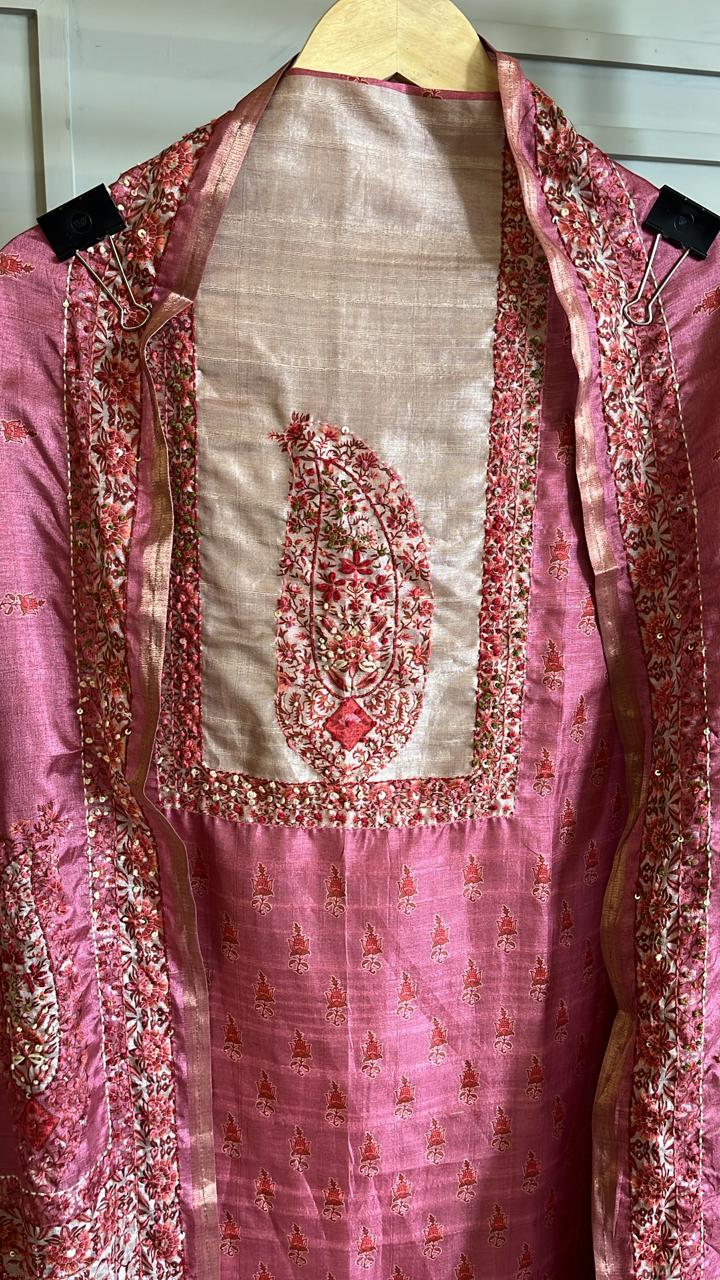 Onion Pink Pure Silk Unstitched Suit with Kantha Work