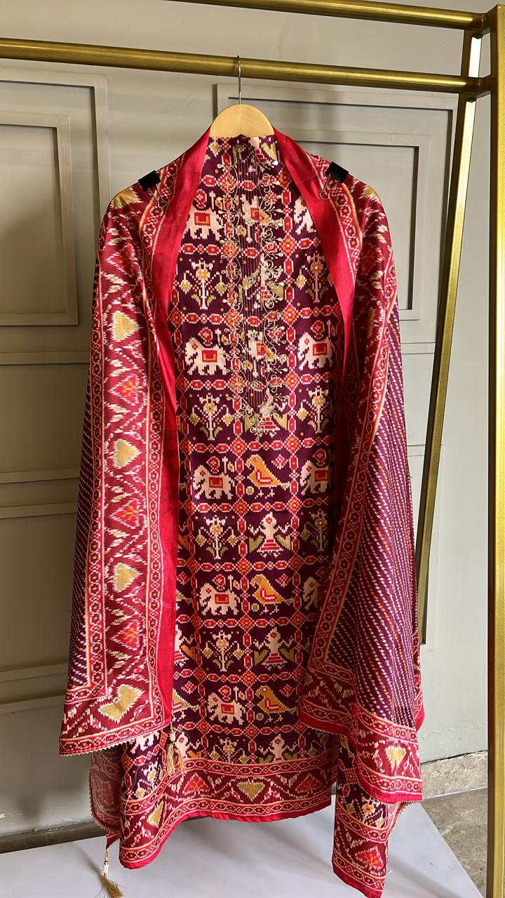 Patola Silk Unstitched Suit with Highlighted Neckline