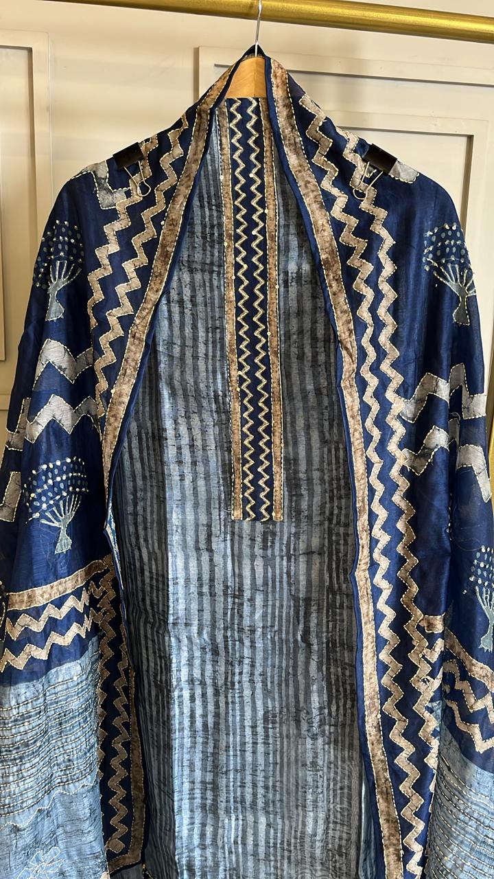 Blue Jamdani Kantha Work Unstitched Suit with Heavy Kantha Dupatta