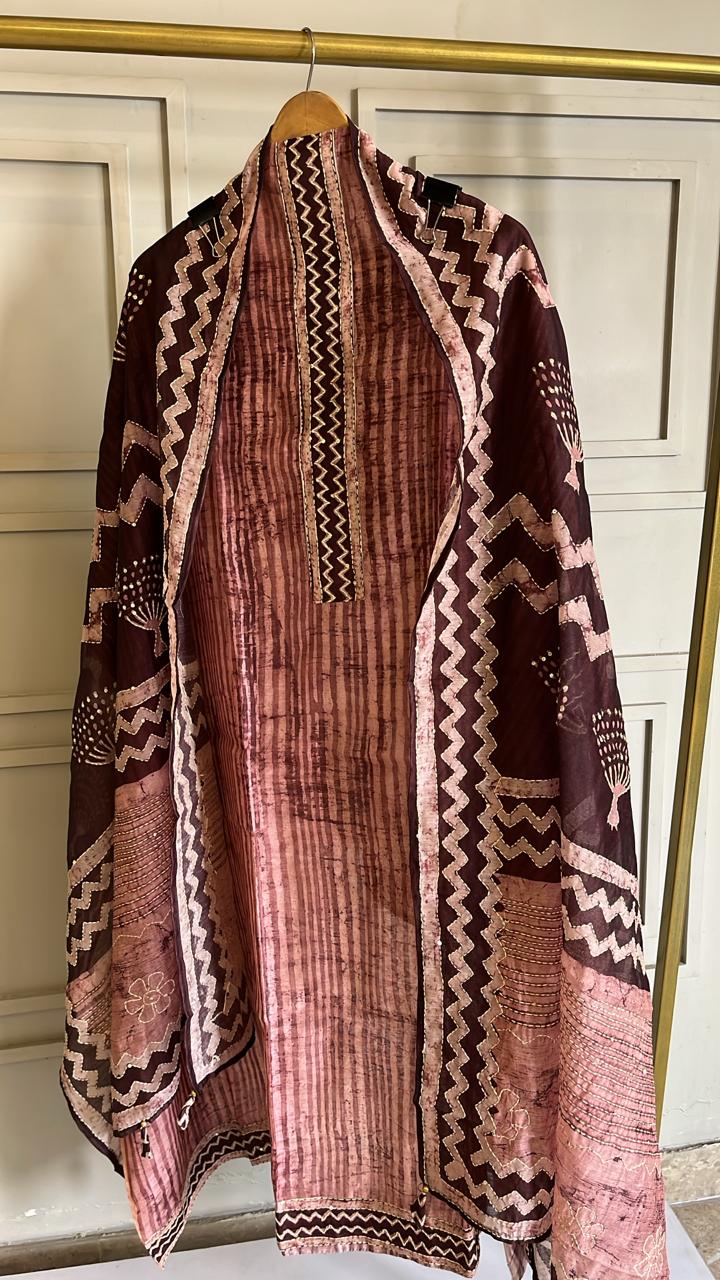 Rose Dust Jamdani Kantha Work Unstitched Suit with Heavy Kantha Dupatta