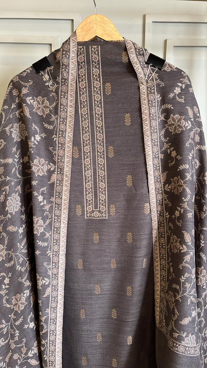 Coffee Colour Pure Pashmina Woollen Unstitched Suit