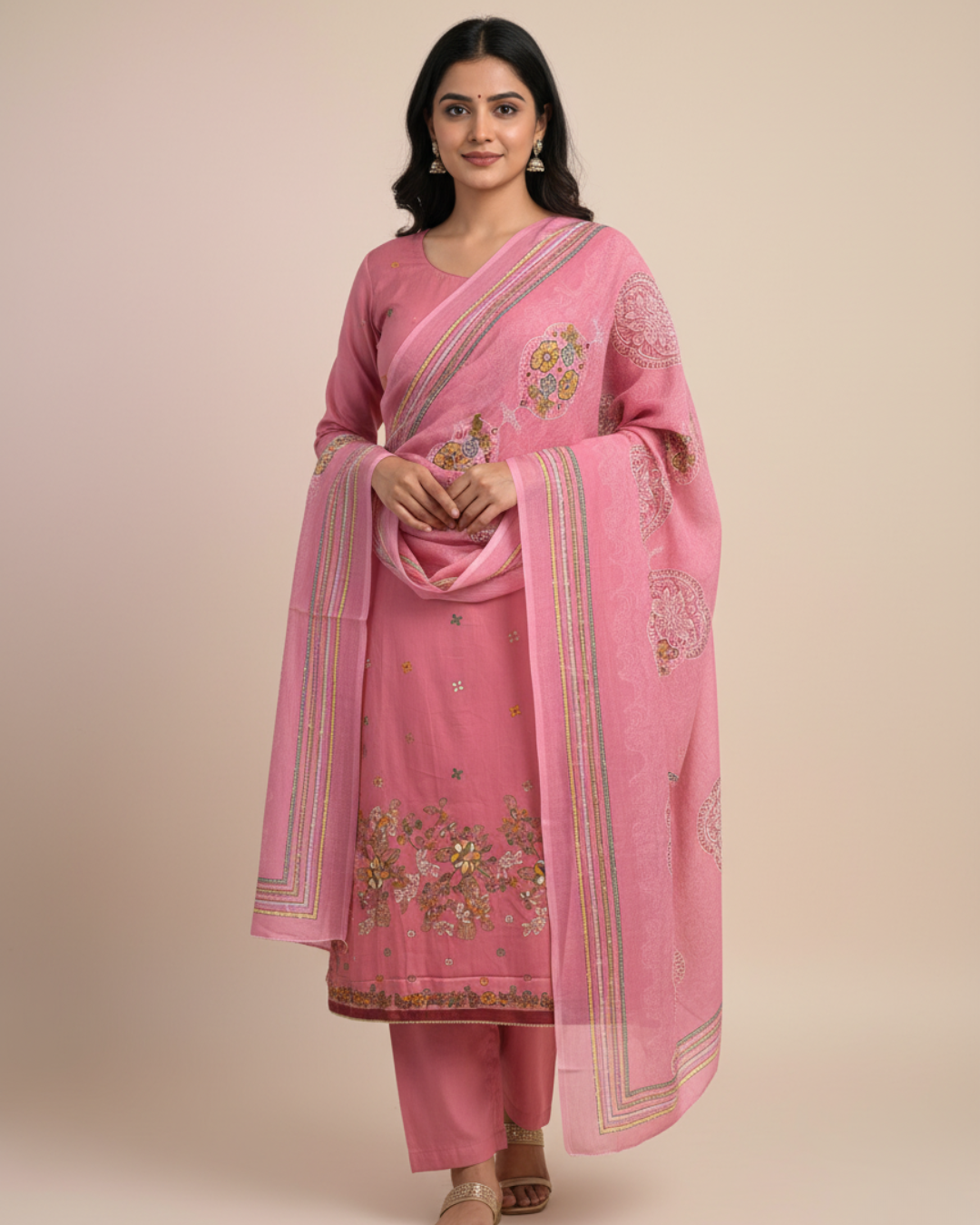 Carrot Pink Pure Cotton Unstitched Suit with Thread Work