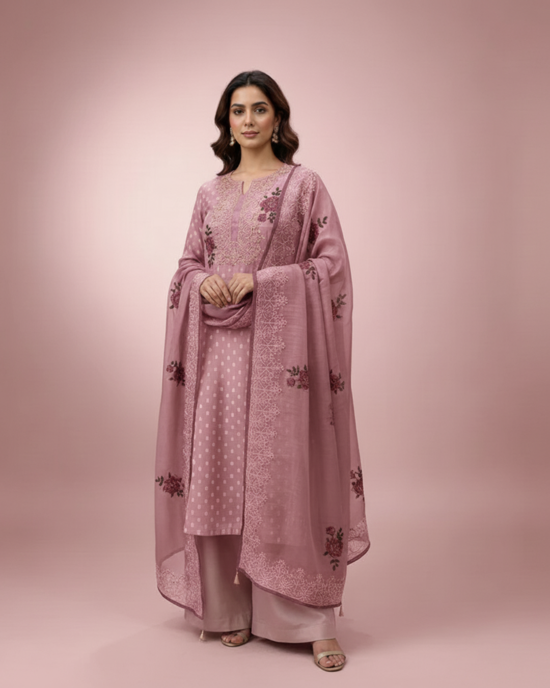 Onion Pink Pure Chanderi Unstitched Suit with Embroidered Yoke & Elegant Dupatta