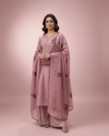 Onion Pink Pure Chanderi Unstitched Suit with Embroidered Yoke & Elegant Dupatta