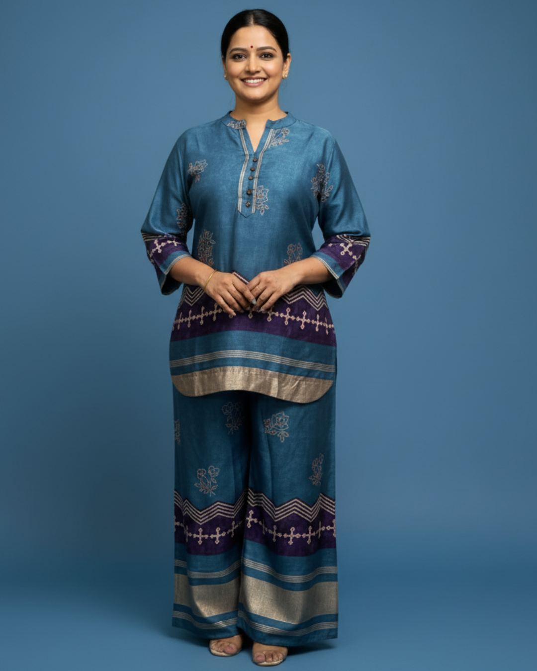 Blue Cotton Rayon Co-ord Set