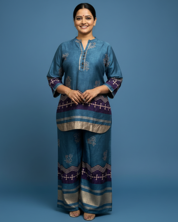 Blue Cotton Rayon Co-ord Set