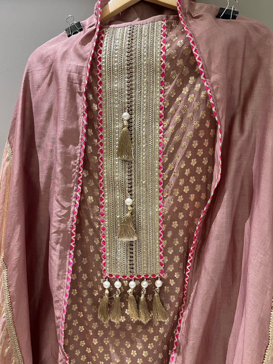 Onion pink formal suit with designer maheshwari dupatta