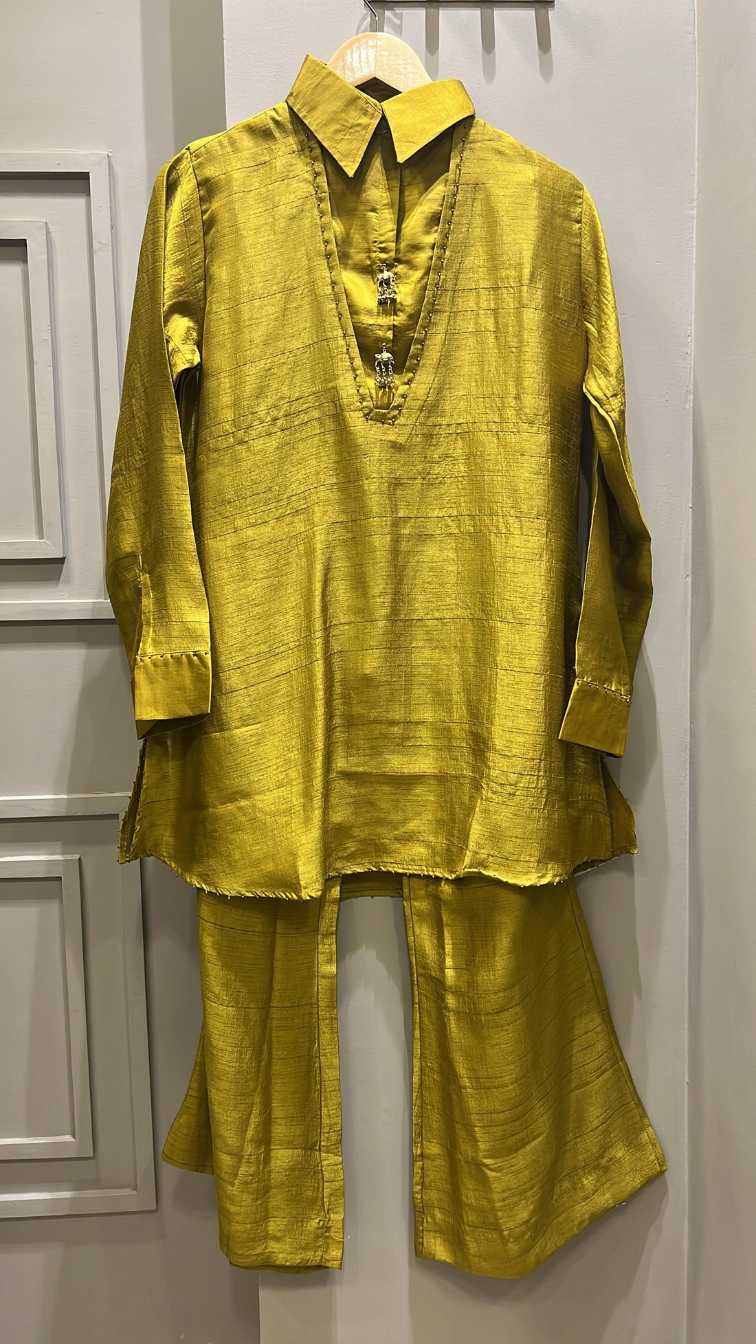 Mustard Cotton Silk Co-ord Set with Collar Neck & Stitched Flare Pants