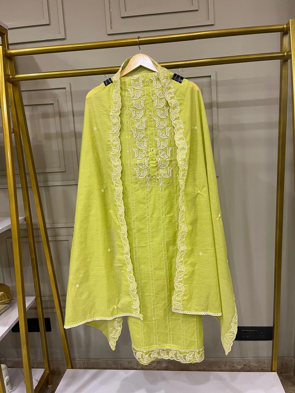 Mul Cotton Neon Green Unstitched Suit with Thread-Work & Dupatta